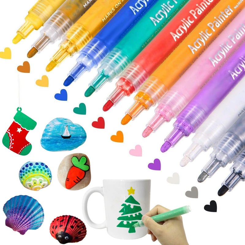 CH HAICHENG 12 Colors Acrylic Paint Pens for Rocks Painting, Wood, Metal, Glass, Plastic, Canvas, Ceramic, Seashell, Paint Markers for Plastic Surfaces - Image 1